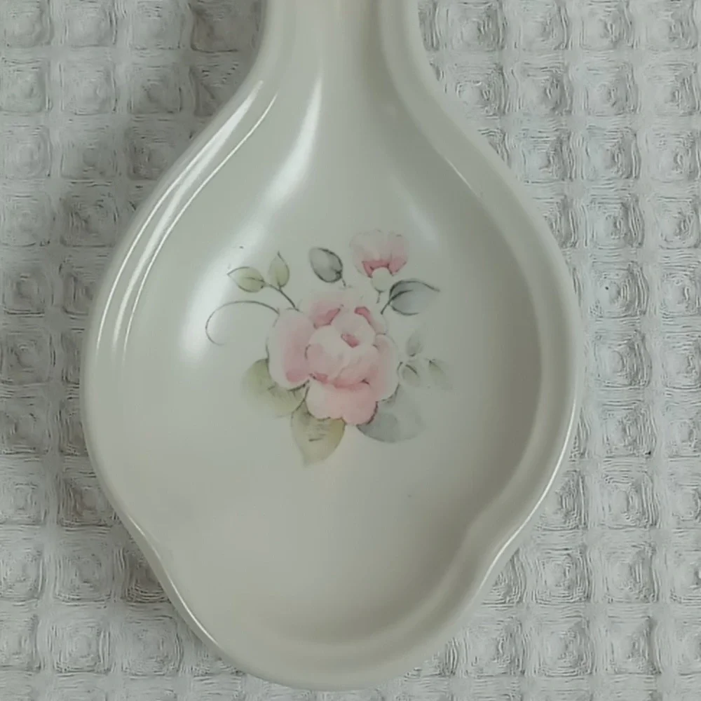 Pfaltzgraff White Stoneware Spoon Rest Tea Rose Pattern Pink Floral